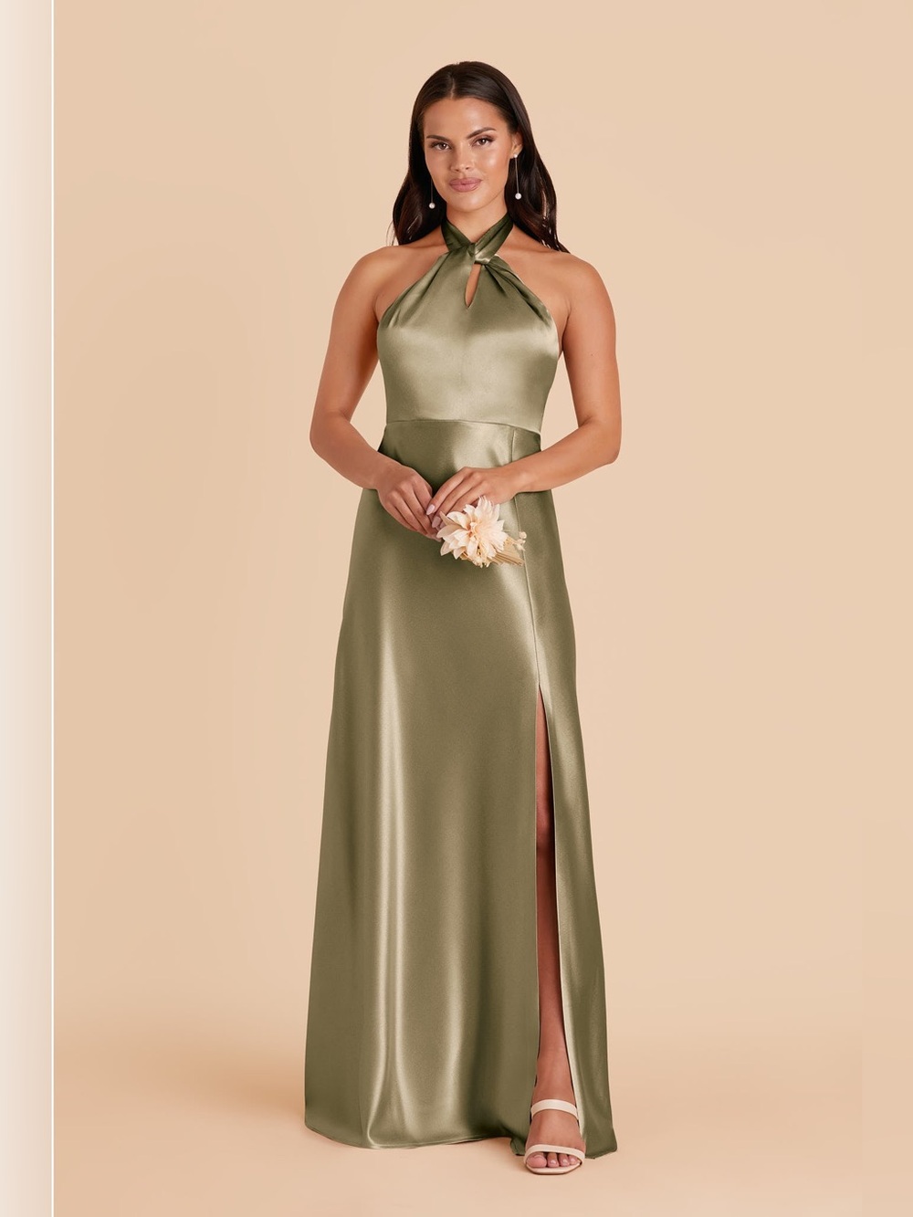 Birdy Grey Monica Moss Green Satin Halter Evening Dress with Side Slit Large
